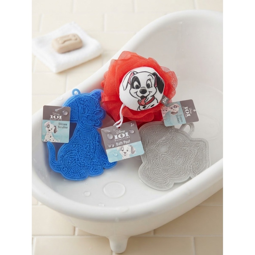 Unique Disney 101 Dalmatians Bath Set 2 Silicone Scrubbers 1 Bath Poof NWT